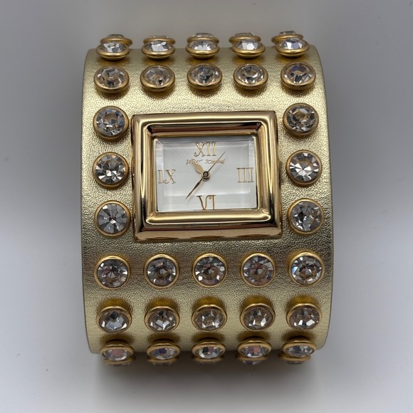 Betsey Johnson Accessories - Betsey Johnson Leather Crystal Watch Wide Cuff Gold Tone - Needs Battery